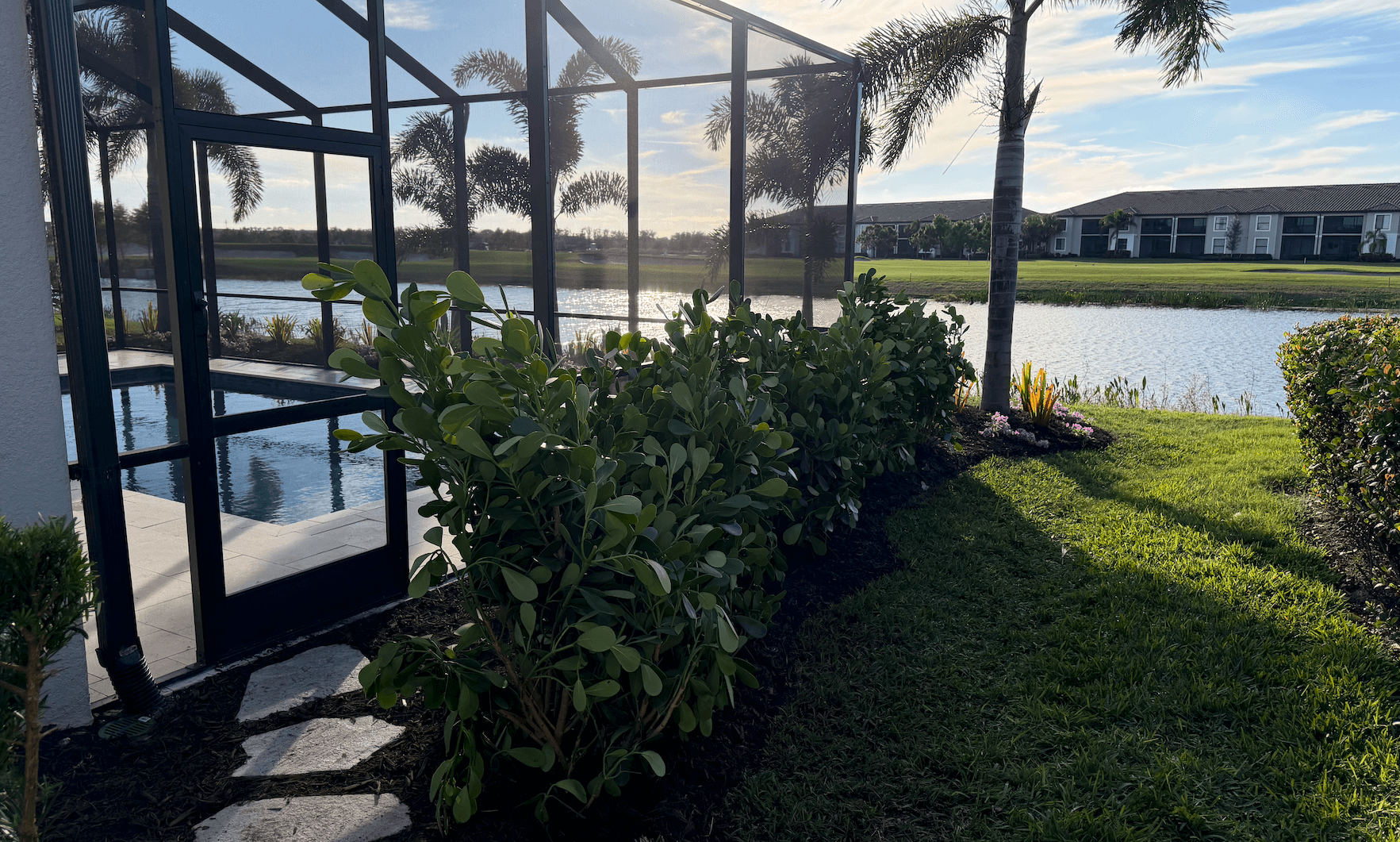 Landscape projects across our Lakewood Ranch service areas with palms, clean beds, and outdoor lighting