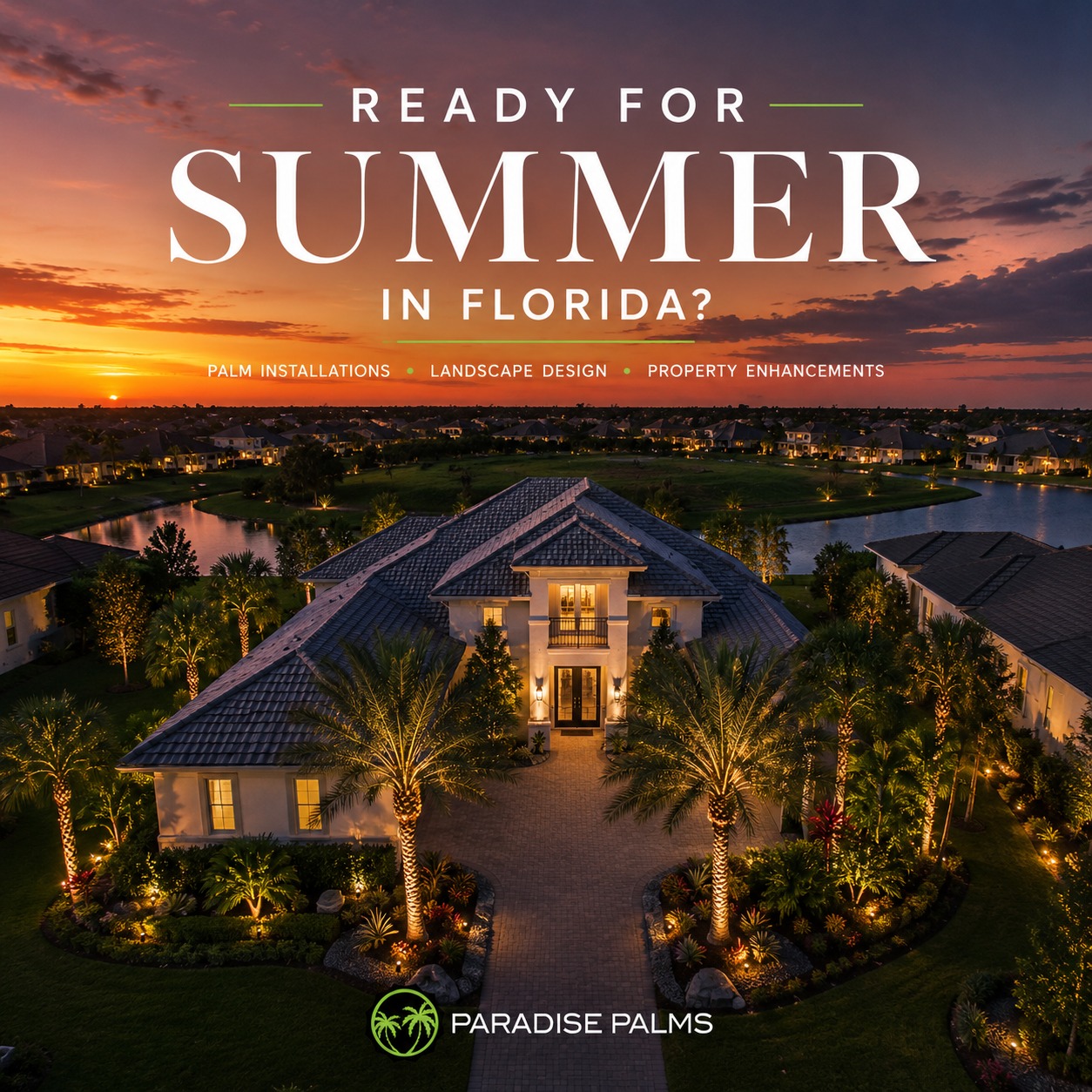 Summer outdoor living in Lakewood Ranch with landscape lighting and tropical landscaping
