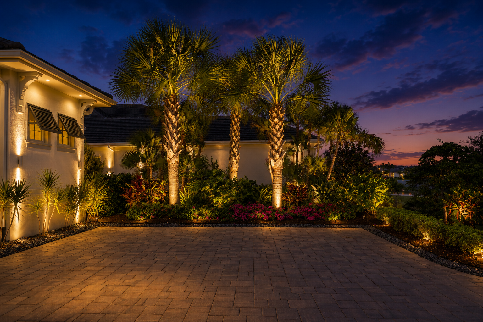 Luxury lanai lighting in Lakewood Ranch Florida home exterior