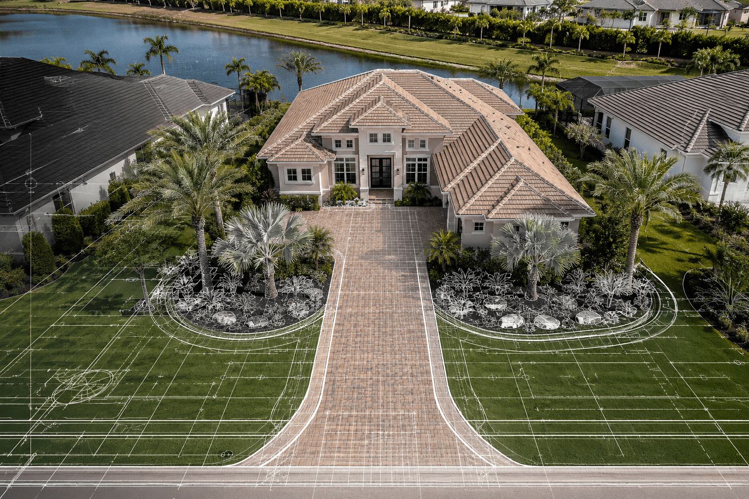 Lakewood Ranch driveway installation with palms, tropical landscaping, and clean curb appeal.