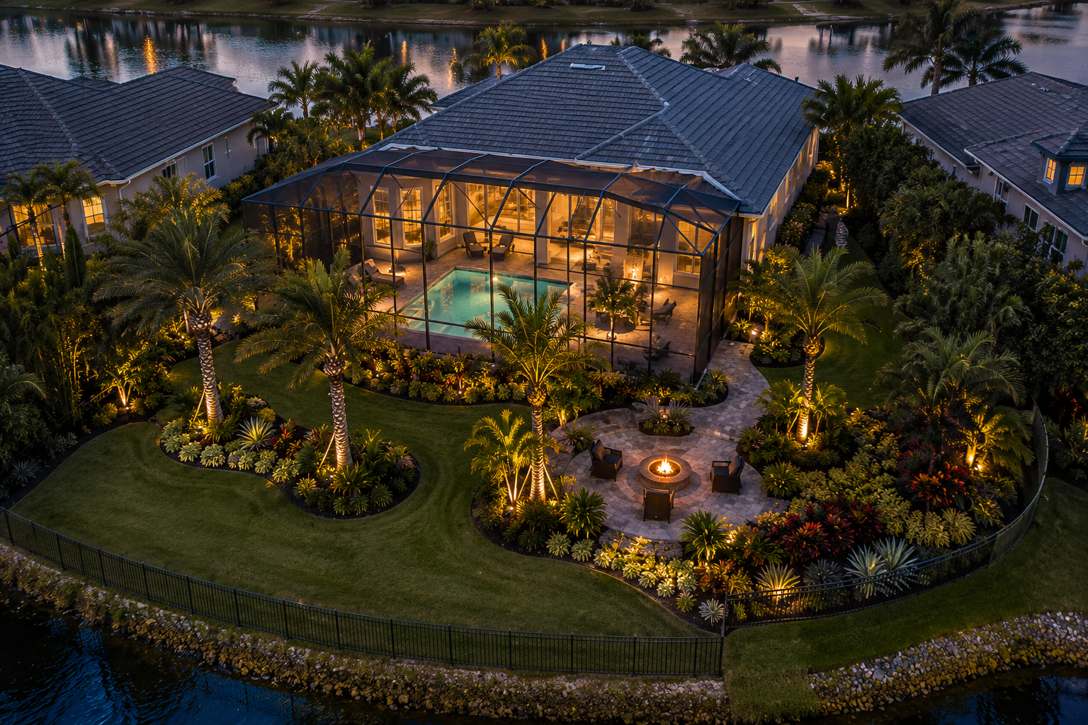 Backyard landscape design Florida home with screened pool, lanai, tropical plants, pavers, palms, and waterfront view.