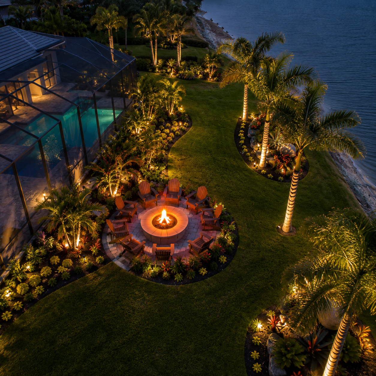 Luxury backyard fire pit and outdoor living space with tropical landscaping.