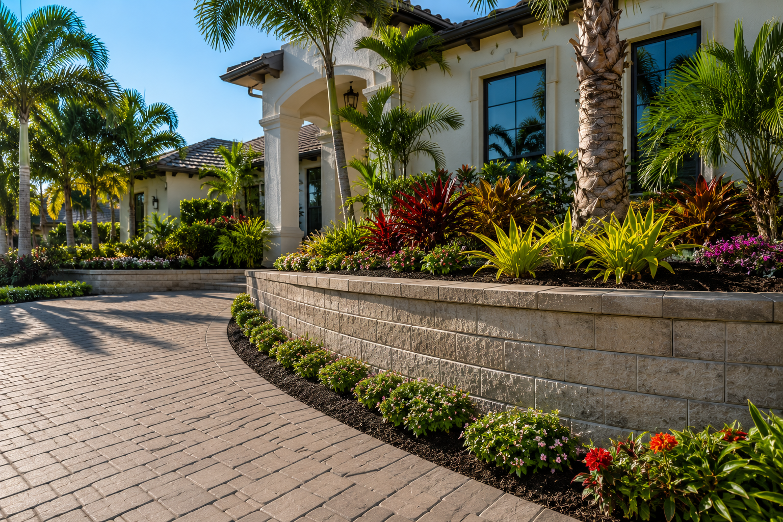 Retaining walls Lakewood Ranch backyard with tiered beds, palms, and clean hardscape transitions
