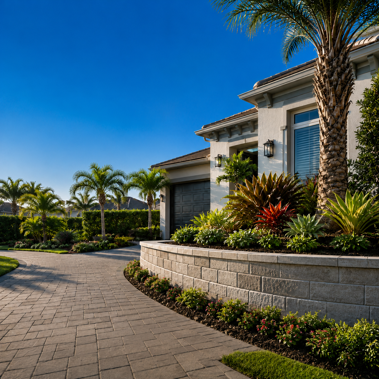 Retaining walls Lakewood Ranch landscape with clean lines and integrated planting beds