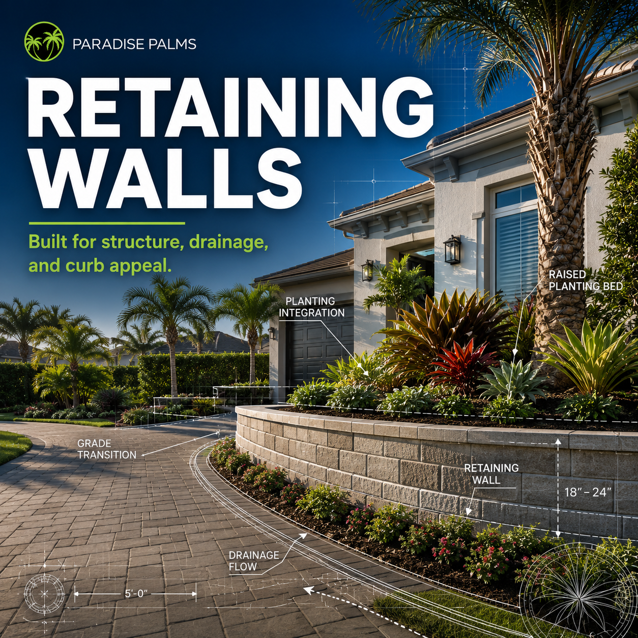 Retaining wall ideas Florida landscaping with palms, pavers, raised planting beds, and tropical plants around a luxury home.